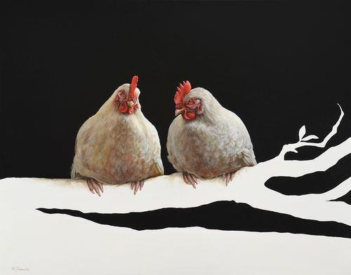 Alexandra Klimas "Miep the Chicken and Lellebel the Chicken" Oil on canvas 80 x 100 cm