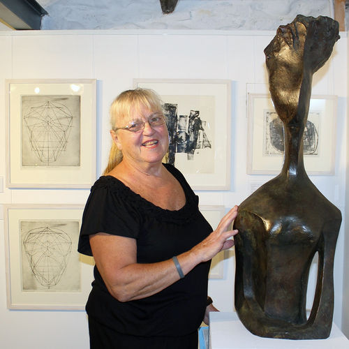Margaret Lovell with 'Augustine Head' sculpture