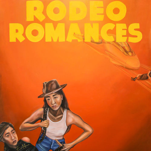 stephanie mei huang. requiem for my damsel (2020). Oil on canvas, sisal, horseshoes.