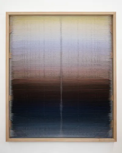 Rachel Mica Weiss, Reverberation III, 2025, polyester embroidery thread, maple, brass hooks, 70 × 60 × 3″. From “Infinity’s Edge.”