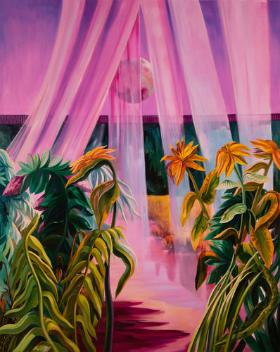 bright bold pink green nature abstract space and landscape oil painting