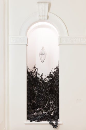 Night Which Contains the Sea, 2017 Hand crafted glass, cut paper, metal frame and silver paint dimensions variable