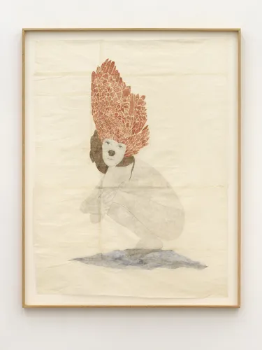 Self-portrait as an aztec statue with dog nose and eagle headpiece, 2023, drawing and collage with graphite and oil pastel from handmade carbon paper, on Taiwanese gampi paper, cm 155 x 118