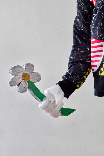 Luca Parise, Marco (he/him), 2025, Bisque-fired ceramic, gold, acrylic paint, Polyethylene and polystyrene foam, vintage shirt, aluminum, wood, pins and bubble wrap