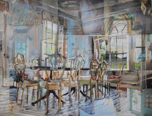 Alison Pullen interior collage of a grand dining room, a large wooden table sits in the centre surrounded by chairs, an arched window to the right floods the room with light.
