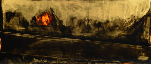 Simon J Harris Oil on linen painting, showing a burnt Ochre background and deep black landscape detail, a bright fiery orange orb shows in the centre like a source of light.
