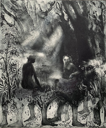 Flora McLachlan black & white etching of two female figures bathing in a woodland pool