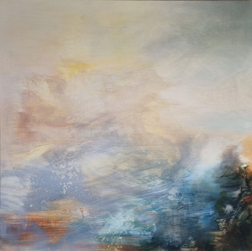 Amy Albright semi abstract landscape painting, of a treeline on the edge of a shore, in soft neutral tones