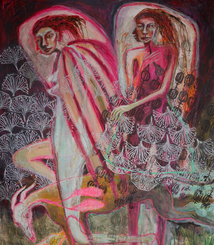 Rebecca Swainston oil painting of two people sharing a bed, one facing away from the other. a figure of a goat like creature situates itself to the bottom left hand corner and a print of flowers faintly lay over the image.