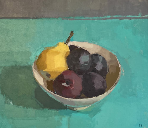 Sarah Spackman still life painting of a grey fruit bowl, with a pear and plums, sitting on a rich teal table and a grey background