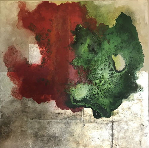 Nathalie Moisy abstract piece showing 2 blocks of bold red and green colour in a spilt like shape, the background shows a mixture of cream and deep grey.