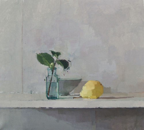 Sarah Spackman still life painting of a small camellia bud in a transparent glass vase on the left and a yellow-green pear on the right against a pale grey background.