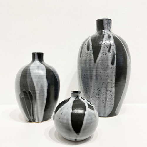 Katie Coston collection of black and white vases, Illyria Pottery