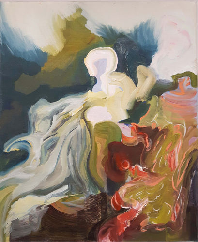 Una D'Aragona figurative abstract painting in greens. blues, peaches, cream and red.