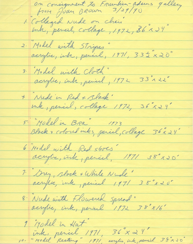 Joan Brown handwritten checklist of drawings