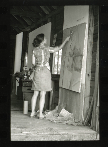 Mason in her studio in Brattleboro, Vermont, c. 1970s (&amp;copy; 2025 Emily Mason | Alice Trumbull Mason Foundation/ARS;
photo by Nancy Ellison)