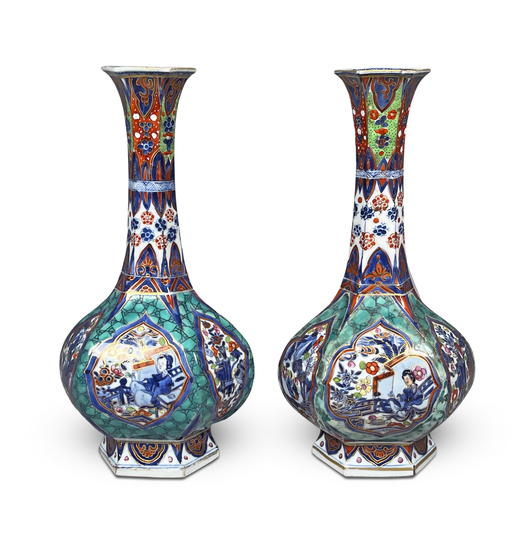 . Pair of Chinese Clobbered Blue and White Porcelain Hexagonal G Bottles