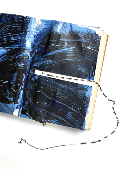 Jonathan Boyd Can't String a Sentence Together (looking out at sea), 2019 Necklace Silver, silk, Homer's Odyssey and acrylic paint 30 x 1,5 x 2,5 cm