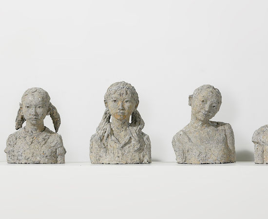Seven papier mache bust sculptures that represent different ages of Artist Chen Qiulin from her childhood to adulthood.  