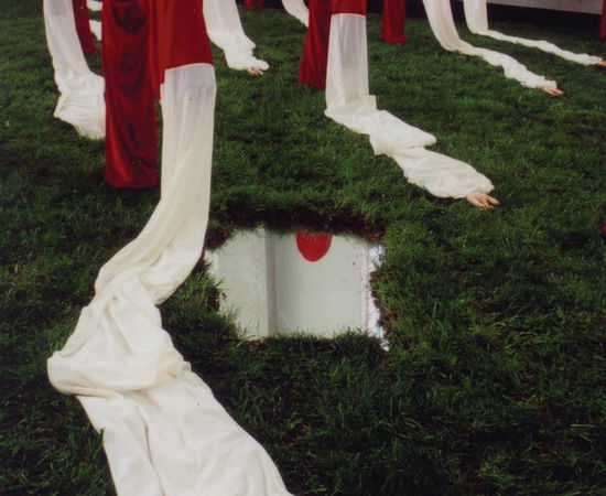 Chen Qiulin's installation work that is composed of red and white long peking opera sleeves with artificial arms; these sleeves are placed indoor on a man-made lawn; a mirror is also placed on this lawn. 