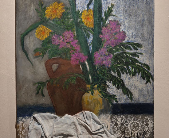Joan Barbarà, Jarrón con flores y mantel, 1974