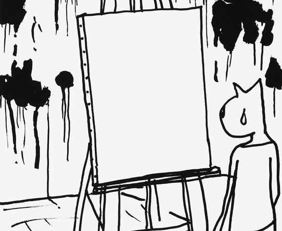 Sérigraphie originale de l'artiste Alain Séchas représentant un personnage chat de dos, devant une toile de peintre vierge et des tâches de peinture tout autour