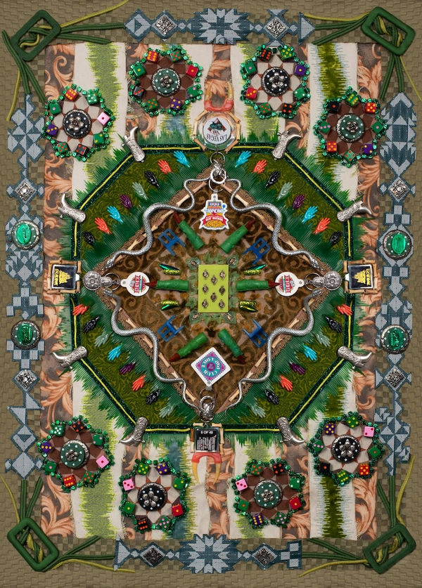 Kat Ryals Whatever You Did Here Doesn't Count, 2025 Photographic print of collage on velvet rug; brass curtain rod, epoxy clay, and found objects 25 x 35 inches Edition of 5