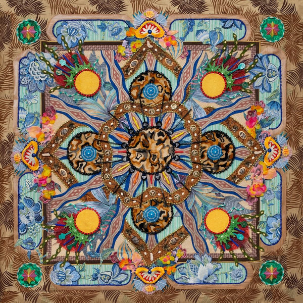 Kat Ryals Glitter Gulp, 2025 Photographic print of collage on velvet rug; brass curtain rod, epoxy clay and found objects 50 x 50 inches Edition of 3