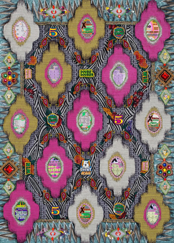 Kat Ryals Reflect and Refract , 2025 Photographic print of collage on velvet; brass curtain rod, epoxy clay, and found objects 25 x 35 inches Edition of 5