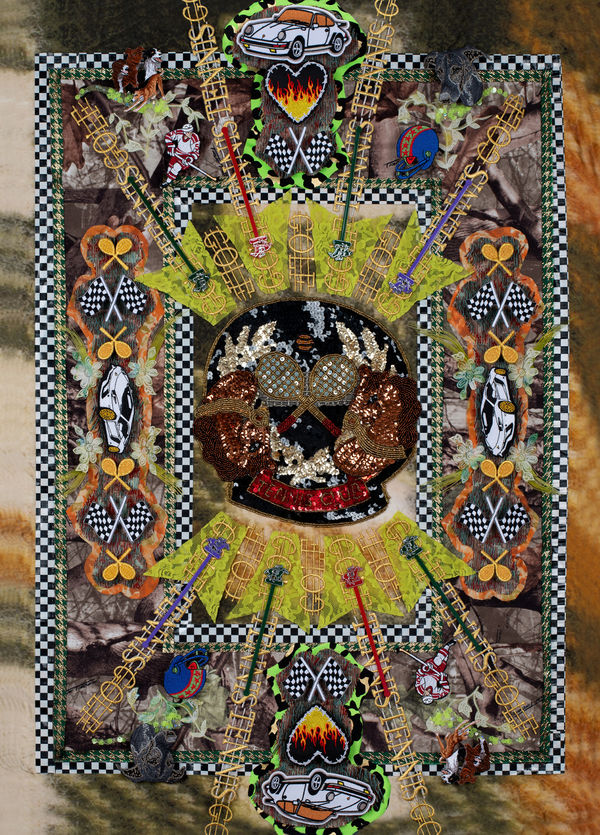 Kat Ryals Find Something When You Lose Yourself, 2025 Photographic print of collage on velvet rug; brass curtain rod, epoxy clay, and found objects 25 x 35 inches Edition of 5