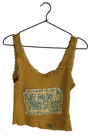 Alexandria Deters Let me be your SLUT, 2023 Embroidery, thread, found fabric from Wassaic, crop tank top from Forever 21 Size: Small