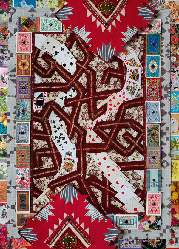 Kat Ryals Baby, You've Come a Long Way, 2025 Photographic print of collage on velvet rug; brass curtain rod, epoxy clay, and found objects 25 x 35 inches Edition of 5