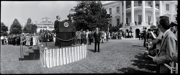David Burnett, Shah Mohammad Reza Pahlavi with President Richard Nixon at the State Arrival Ceremony, South Lawn, White House. Washington, D.C., July 24, 1973