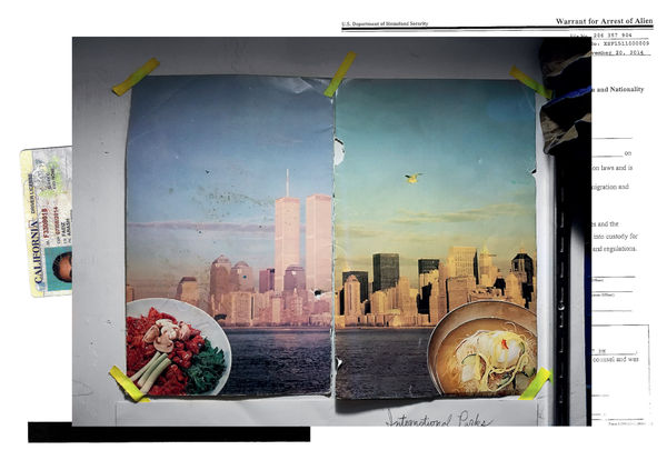 Arash Fayez, Twin Towers with Asian food (collage), 2024