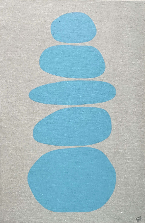 Stephanie Henderson Floating Cairn in Cool Blue Acrylic on Whitewashed Linen 48" x 36"