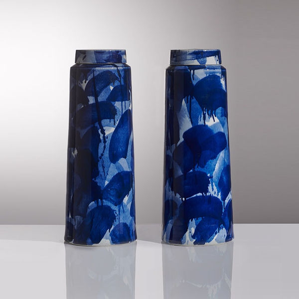 Felicity Aylieff, Pair of Blue & White Lidded Sentinel Jars, 2022