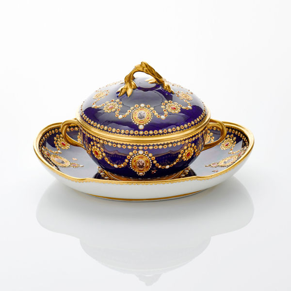 Sèvres Porcelain, A French 18th Century Sèvres Porcelain ‘Jewelled’ Broth Bowl, Cover & Stand, 1781