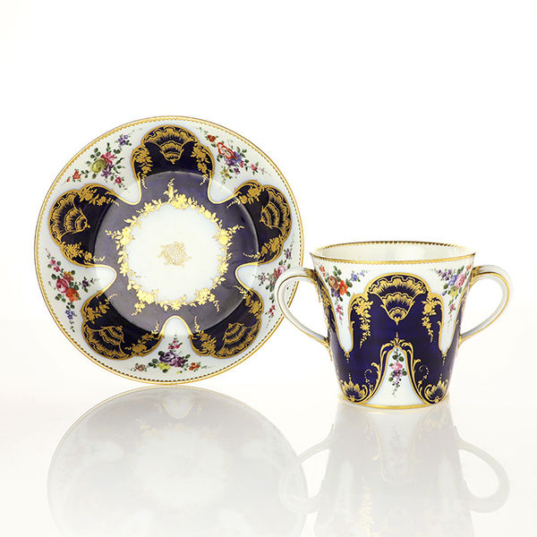 Sèvres Porcelain, A Sèvres Soft-Paste Porcelain Two-handled Milk Cup and Saucer, 1758
