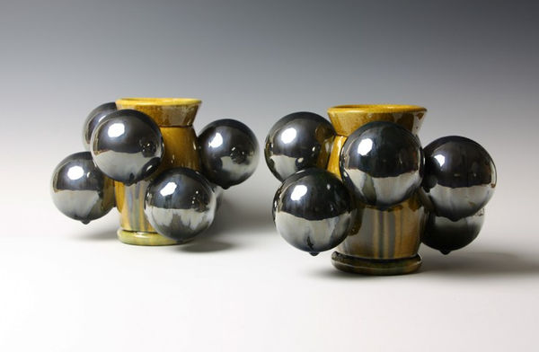 Kate Malone, Pair of Big Ball, Black and Honey Atomic Vases, 2013