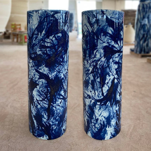 Felicity Aylieff, Commission for a Pair of Blue & White Scribble Vases, 2022