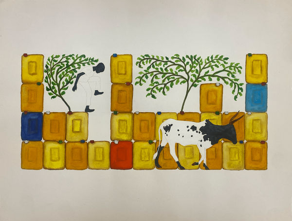 Saidou Dicko painting. Burkinabè Artist. Contemporary African Art in Paris. AFIKARIS Gallery. Self-taught artist. Echoes to Peulh tradition. Figurative and poetic.