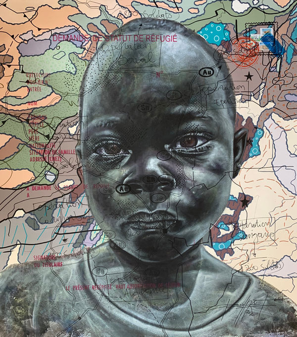 Jean David Nkot painting. Cameroonian Artist. Contemporary African art in Paris. AFIKARIS PARIS. Environmental issues. 1-54 Marrakech. Abstract Figurative. Colourful Painting. Bold colours. Map