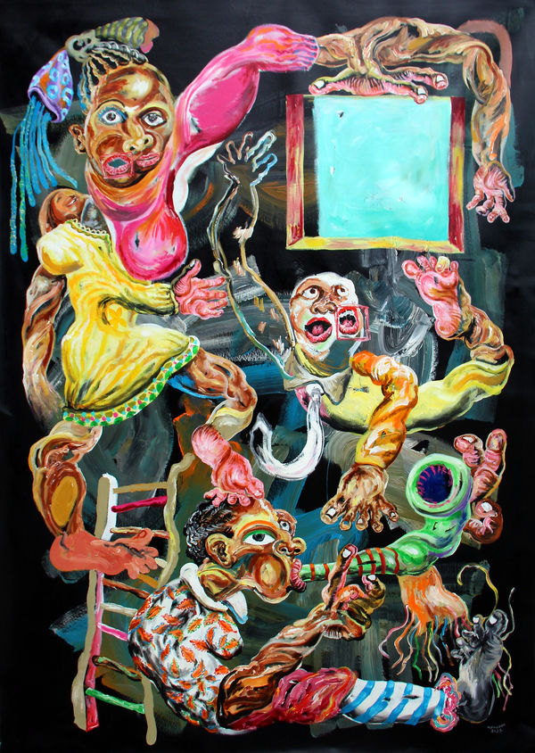 Christiano Mango painting. Angolan Artist. Contemporary African art in Paris. AFIKARIS Paris. Acrylic on canvas. Political dimension. Composite creatures.