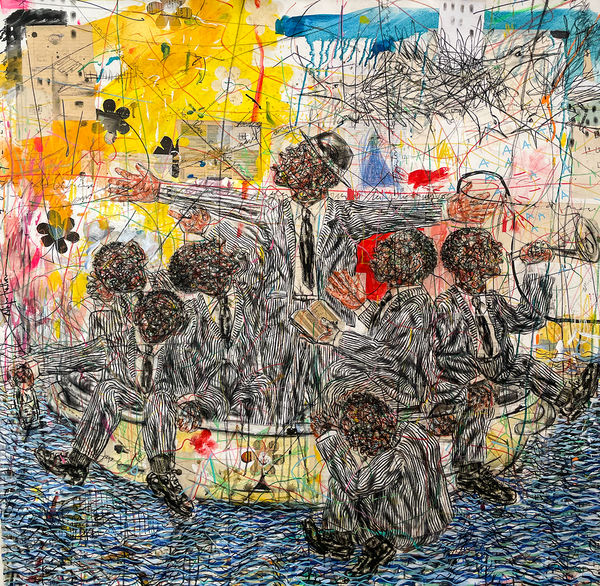 Salifou Lindou painting. Cameroonian Artist. Contemporary African art in Paris. AFIKARIS Gallery Paris. Mixed media on canvas. Figurative portraits. Duality of human beings. Observation of society. Cercle Kapsiki.