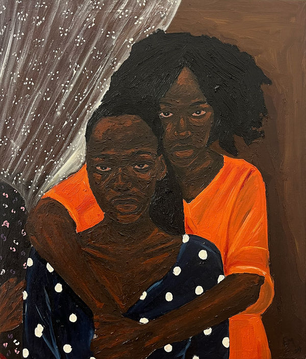 Matthew Eguavoen painting. Nigerian Artist. Contemporary Art Gallery. Oil on canvas. Figurative painting with a photographic vision. Mental health. Family portraits. Black Vanguard movement.