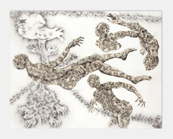 Géraldine Tobe painting. Congolese Artist. Contemporary African art in Paris. AFIKARIS PARIS. Smoke on canvas. Figurative painting. Black and white. Spiritual artworks. Feminist artist. Art Contemporain Africain