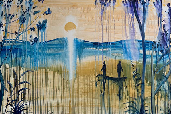 Omar Mahfoudi painting. Moroccan Artist. Contemporary art. Acrylic and ink on paper and canvas. Figurative. Abstraction. Cinematic paintings. Dreamy. Bold colours. Ink on paper.