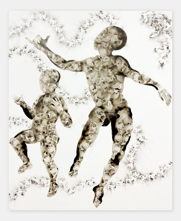 Géraldine Tobe painting. Congolese Artist. Contemporary African art in Paris. AFIKARIS PARIS. Smoke on canvas. Figurative painting. Black and white. Spiritual artworks. Feminist artist. Art Contemporain Africain