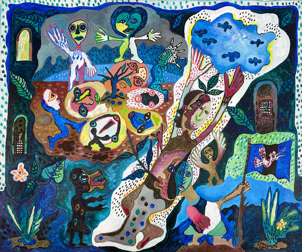 Hervé Yamguen painting. Cameroonian historical Artist. Contemporary African art in Paris. Acrylic on paper. Colorful painting. Abstract Figurative. Cercle Kapsiki.