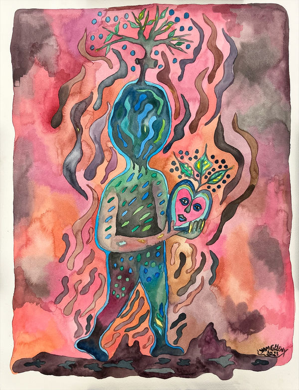 Hervé Yamguen painting. Cameroonian historical Artist. Contemporary African art in Paris. Acrylic on paper. Colorful painting. Abstract Figurative. Cercle Kapsiki.